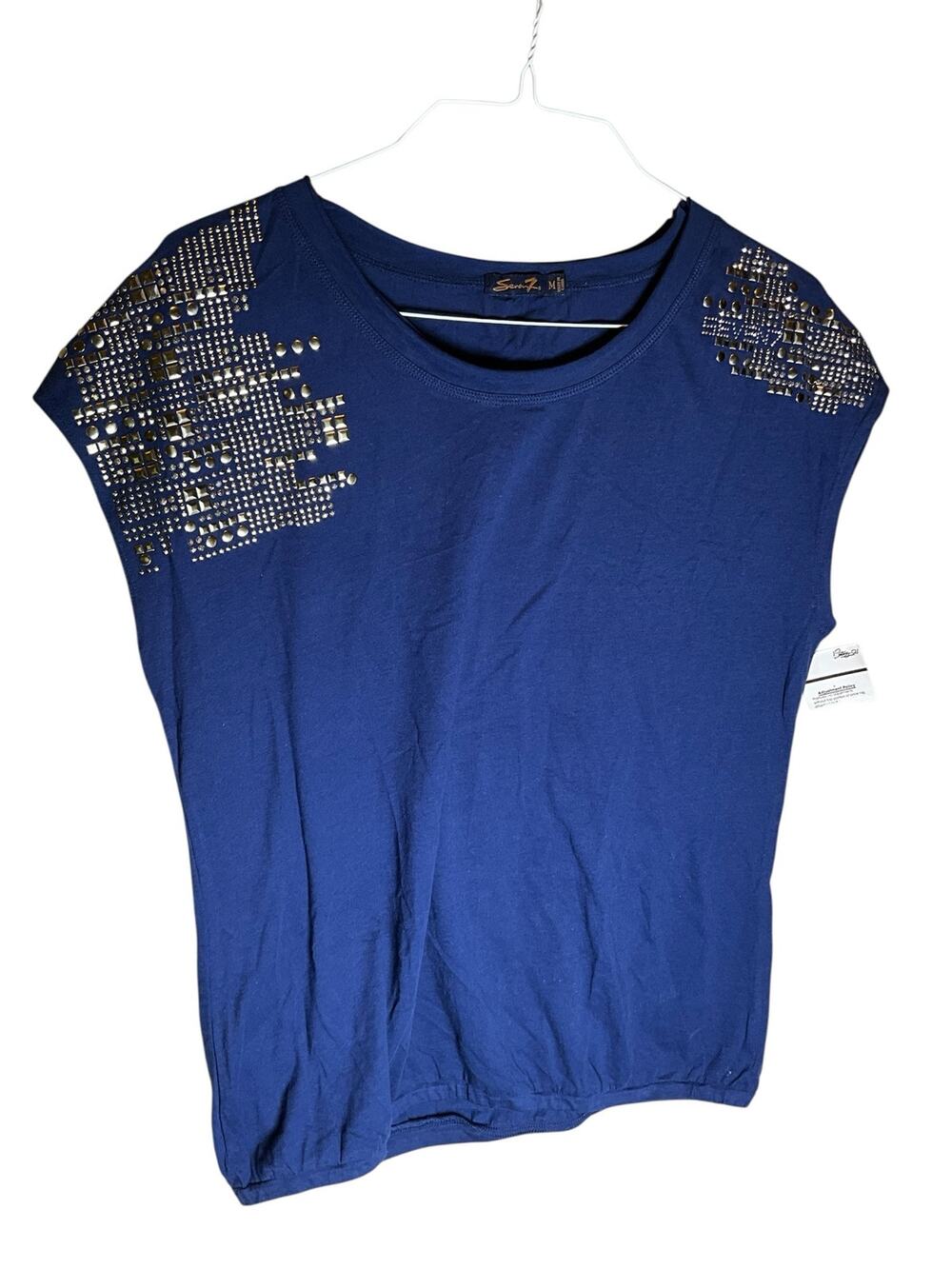 Seven7 Shirt Top Women's Medium Blue Cotton Metallic Studded Shoulder Round Neck